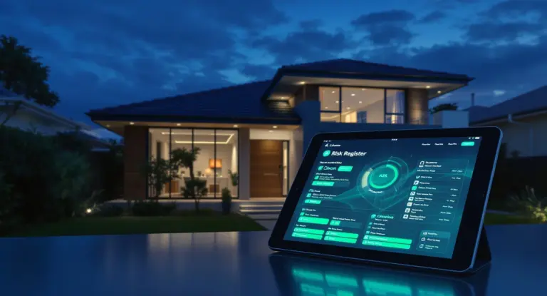 House in background with rental risk register tablet