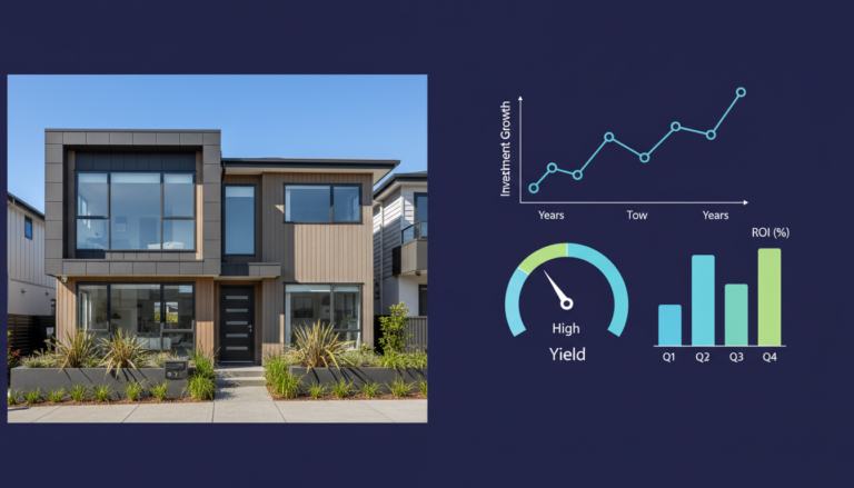 Split image showing a modern Auckland residential investment property alongside a data dashboard tracking net yield and ROI metrics