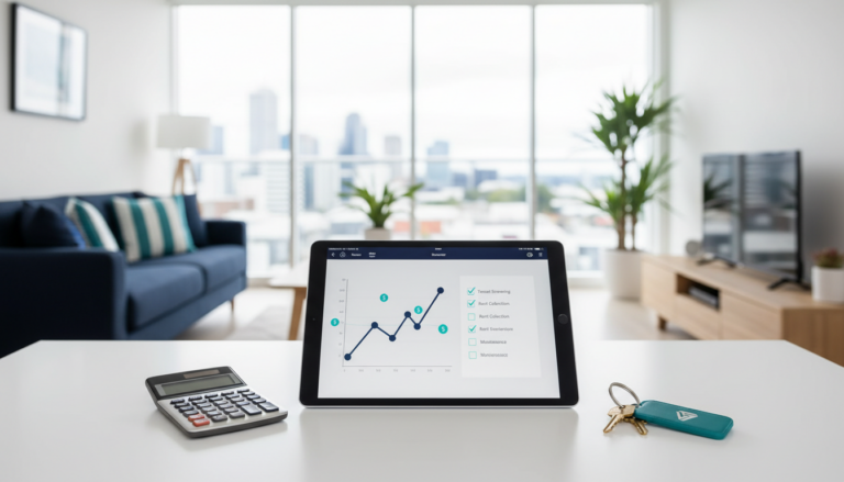 A flat-lay or slightly angled view of a modern desk setup featuring a tablet or document showing a property investment analysis or a "Fee Breakdown" chart.