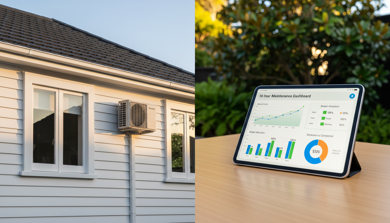 photo of property with windows and HVAC on the left and tablet with 10-year maintenance plan on the right