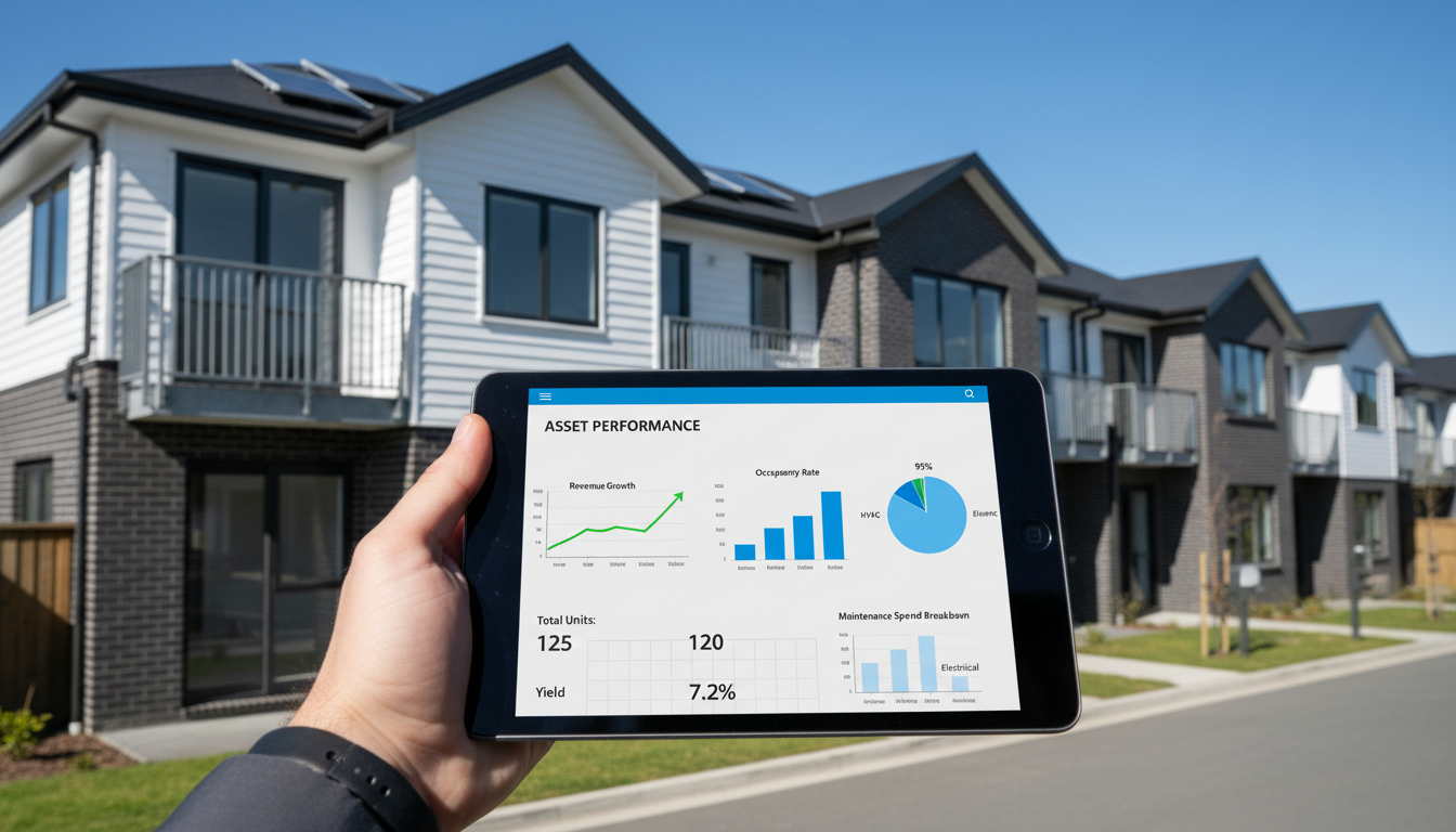 stop_managing_a_rental_start_managing_an_asset2 Property manager holding a tablet displaying an asset performance dashboard in front of a row of modern Auckland townhouses.